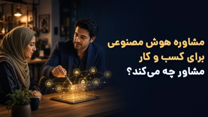 مشاوره هوش مصنوعی برای کسب و کار؛ مشاور در حال طراحی راهکار هوش مصنوعی برای صاحب کسب‌وکار